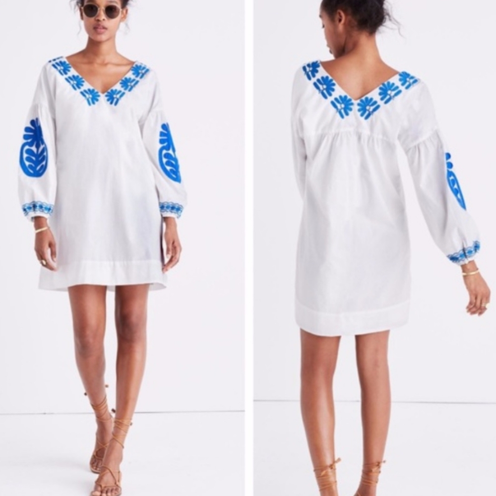 MADEWELL White Dress with Blue Embroidery.